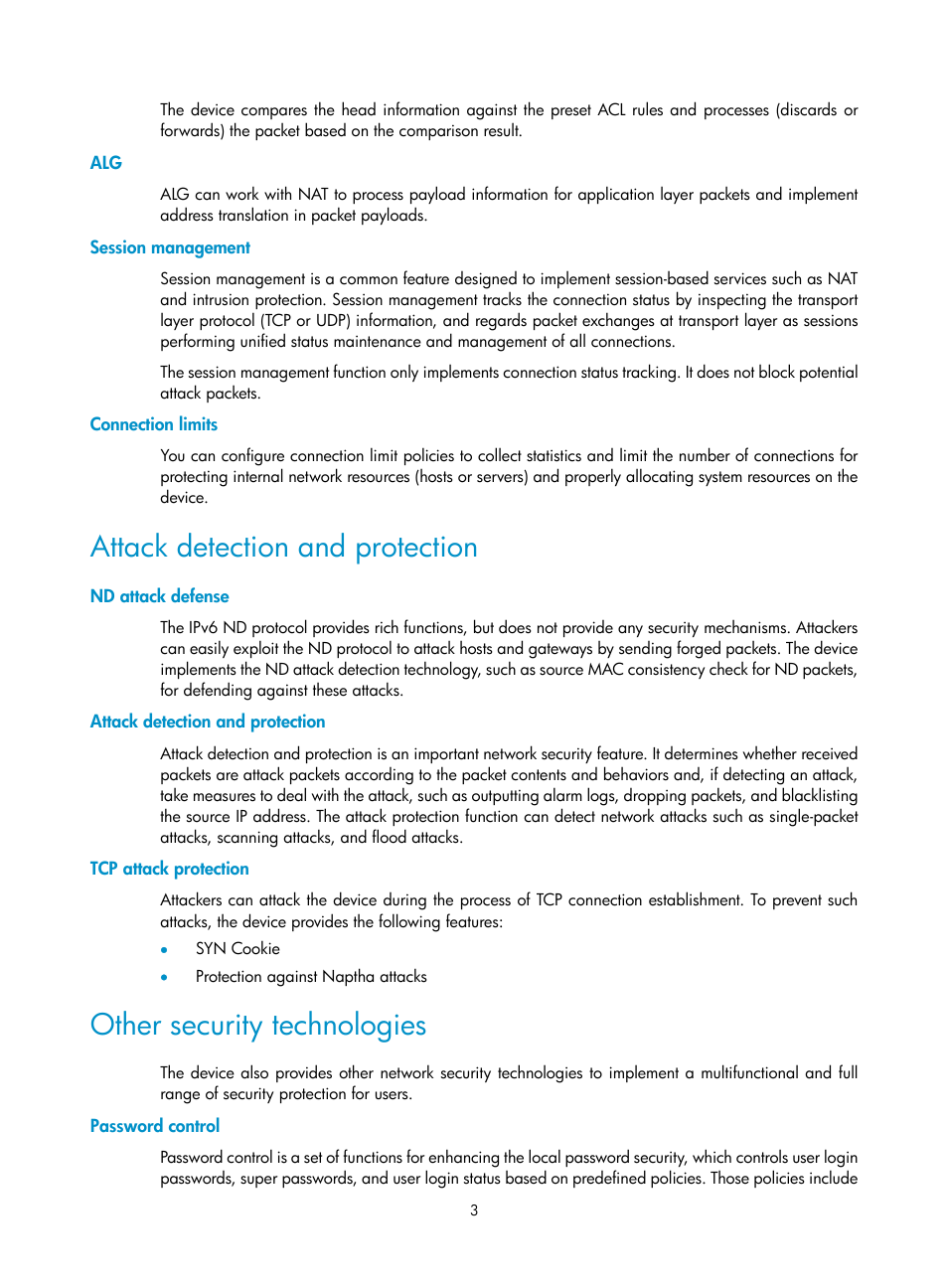 Session management, Connection limits, Attack detection and protection | Nd attack defense, Tcp attack protection, Other security technologies, Password control | H3C Technologies H3C SecBlade LB Cards User Manual | Page 14 / 278