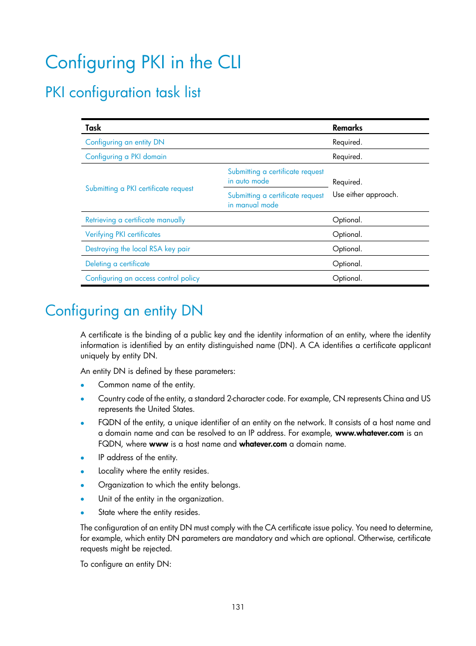 Configuring pki in the cli, Pki configuration task list, Configuring an entity dn | H3C Technologies H3C SecBlade LB Cards User Manual | Page 142 / 278