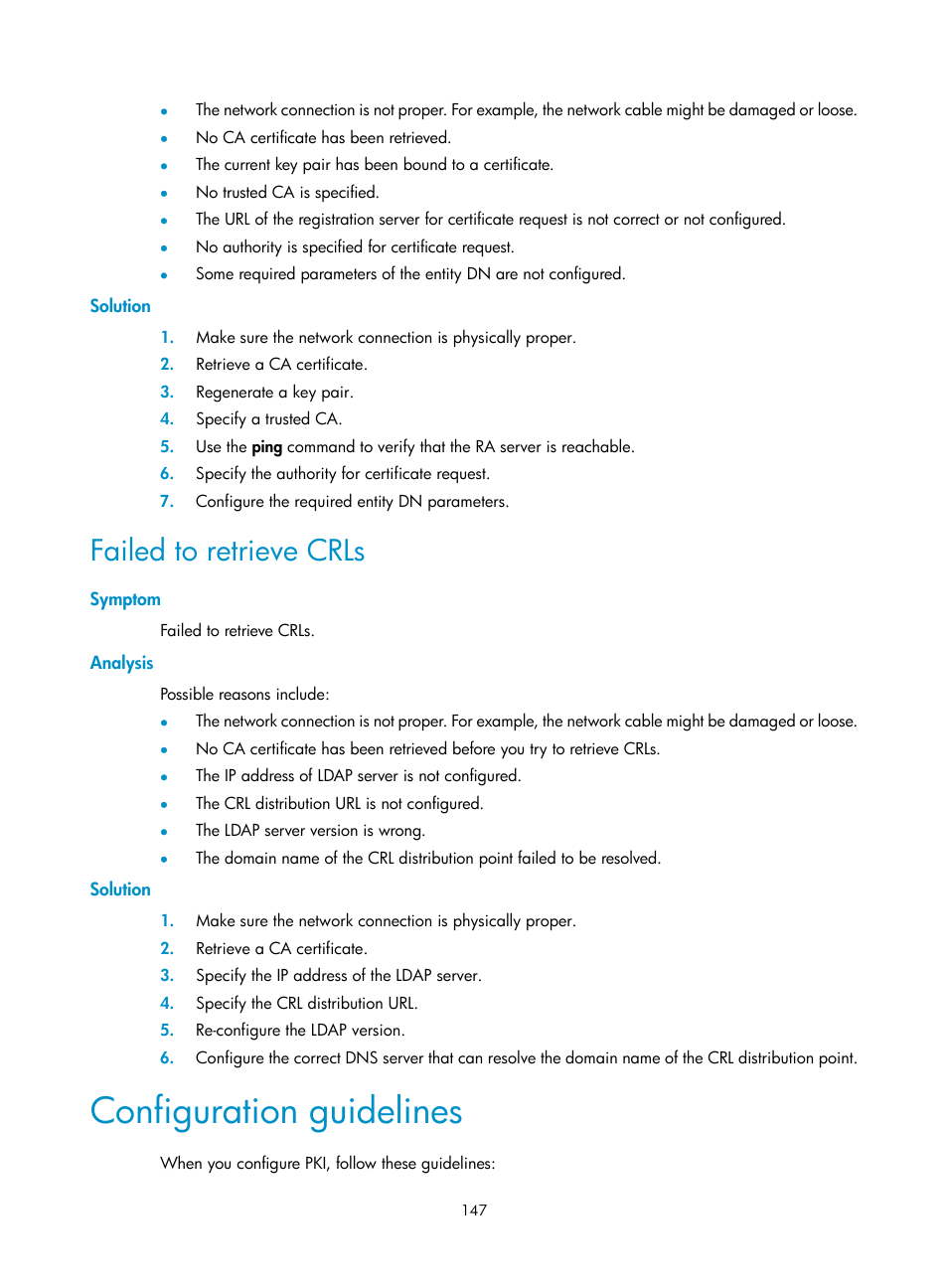 Solution, Failed to retrieve crls, Symptom | Analysis, Configuration guidelines | H3C Technologies H3C SecBlade LB Cards User Manual | Page 158 / 278
