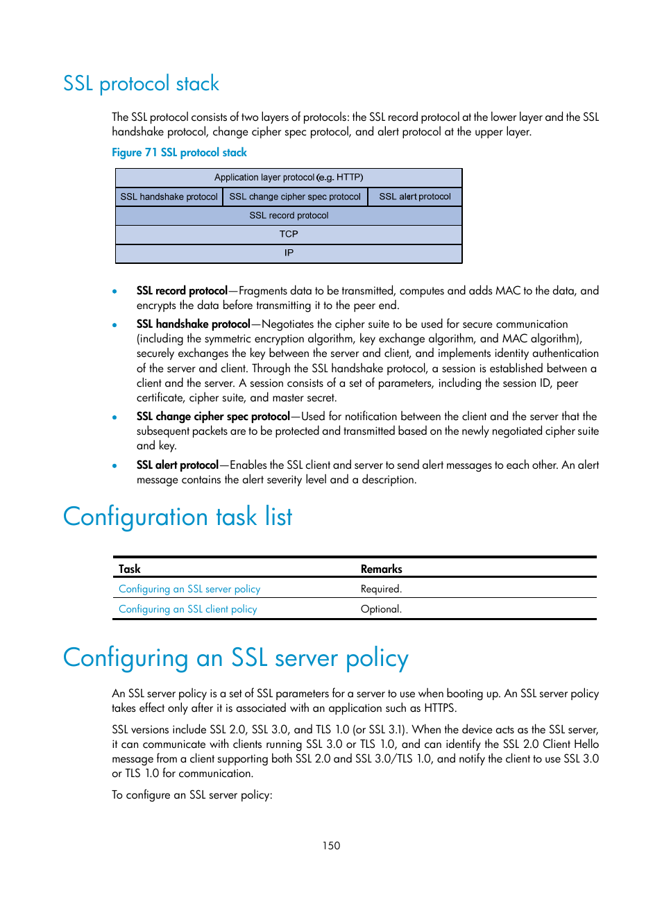 Ssl protocol stack, Configuration task list, Configuring an ssl server policy | H3C Technologies H3C SecBlade LB Cards User Manual | Page 161 / 278