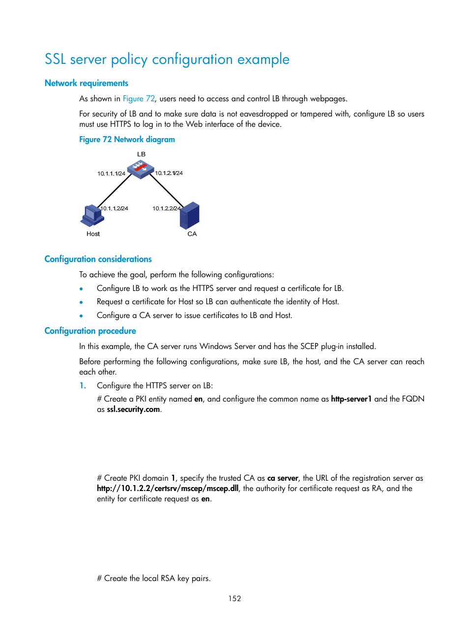 Ssl server policy configuration example, Network requirements, Configuration considerations | Configuration procedure | H3C Technologies H3C SecBlade LB Cards User Manual | Page 163 / 278