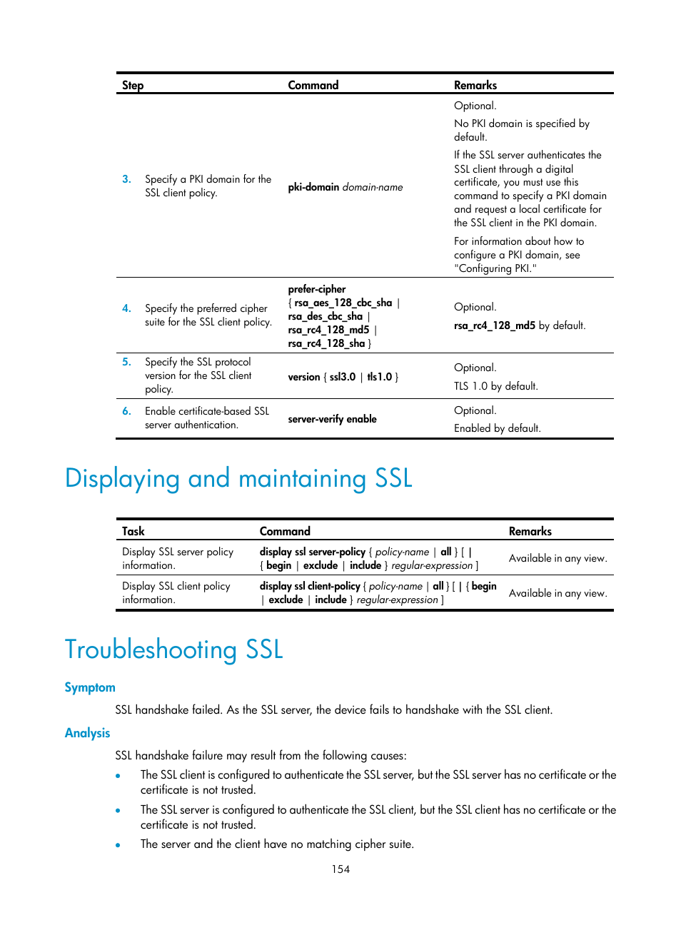 Displaying and maintaining ssl, Troubleshooting ssl, Symptom | Analysis | H3C Technologies H3C SecBlade LB Cards User Manual | Page 165 / 278