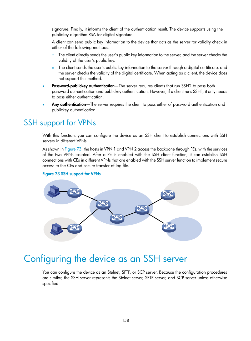 Ssh support for vpns, Configuring the device as an ssh server | H3C Technologies H3C SecBlade LB Cards User Manual | Page 169 / 278