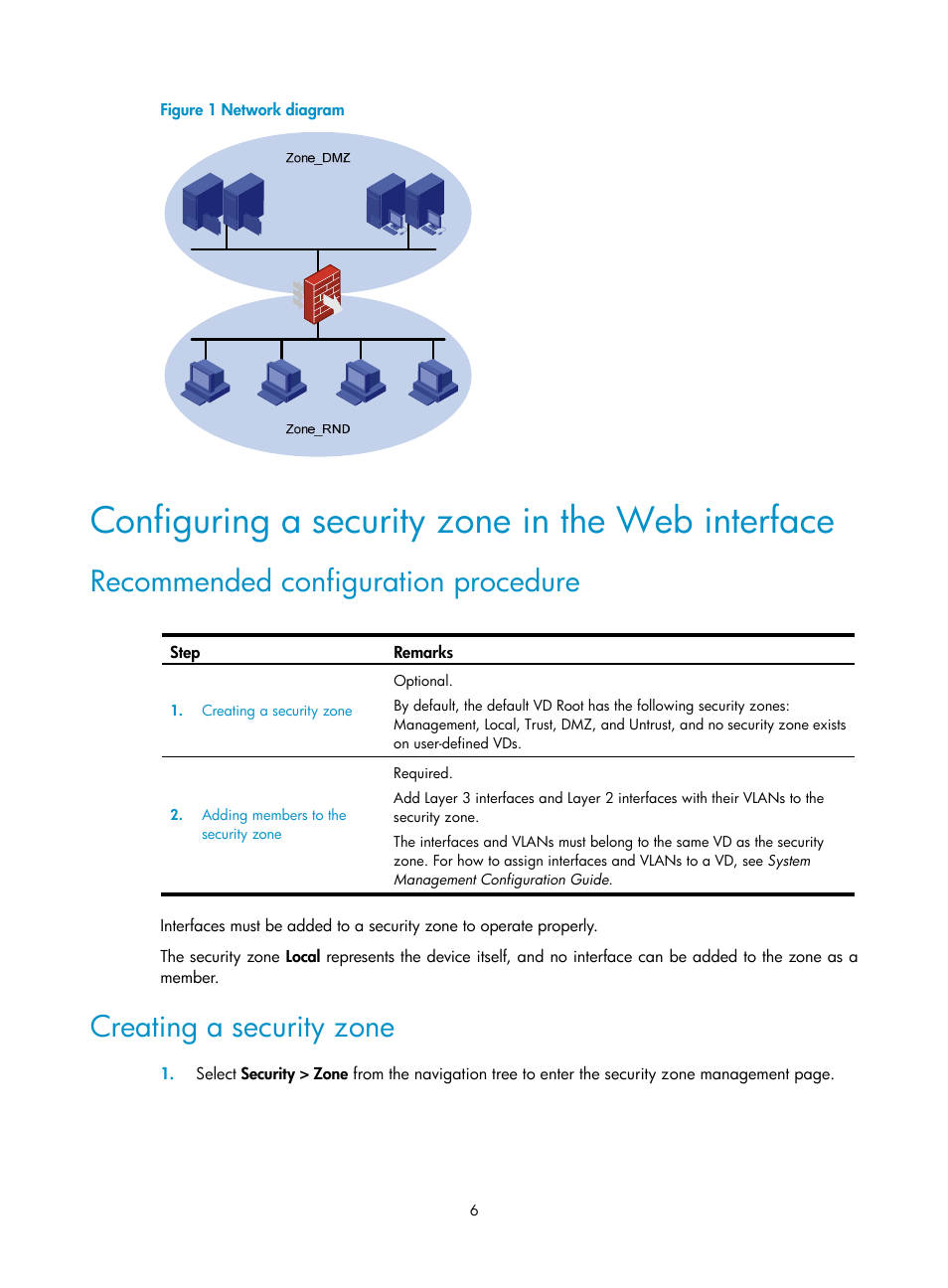 Configuring a security zone in the web interface, Recommended configuration procedure, Creating a security zone | H3C Technologies H3C SecBlade LB Cards User Manual | Page 17 / 278