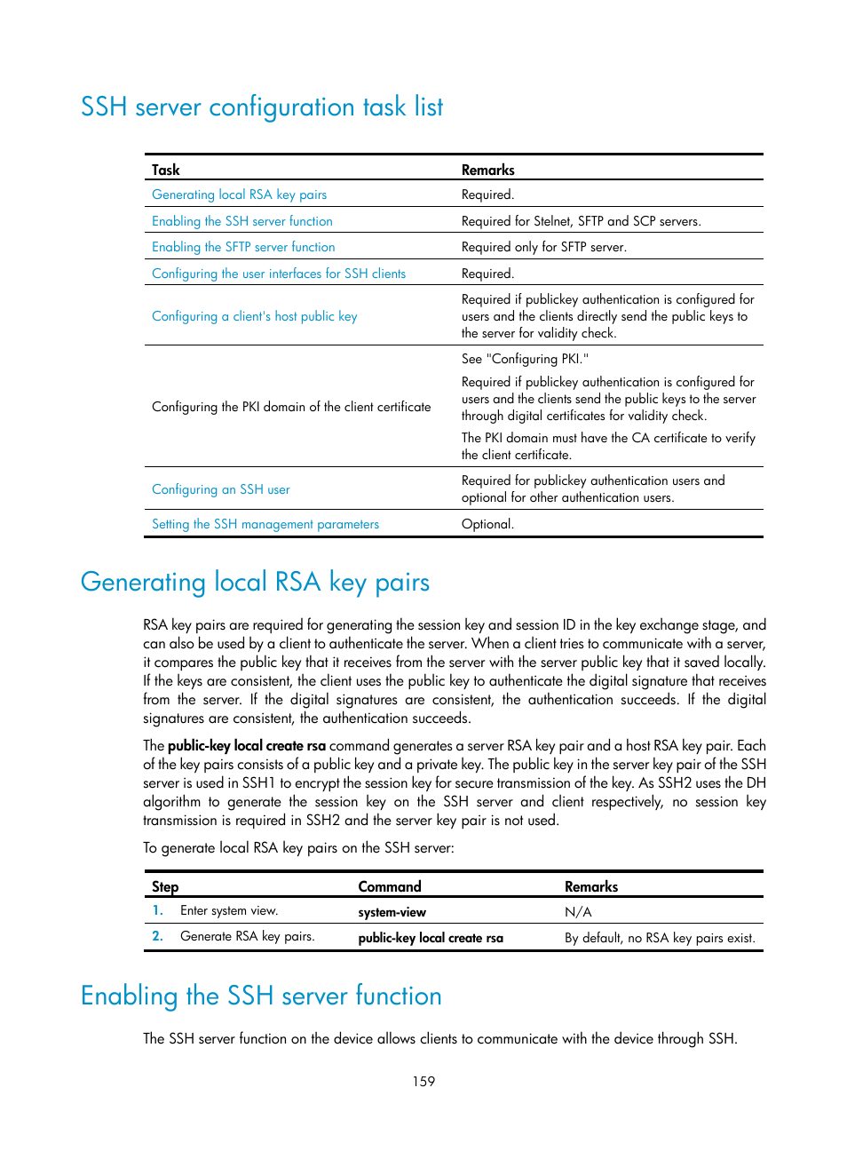 Ssh server configuration task list, Generating local rsa key pairs, Enabling the ssh server function | H3C Technologies H3C SecBlade LB Cards User Manual | Page 170 / 278