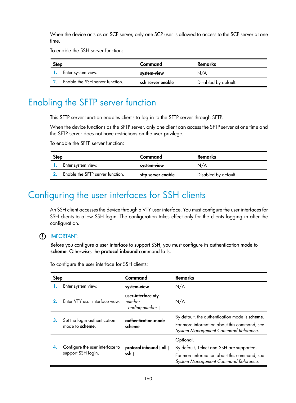 Enabling the sftp server function, Configuring the user interfaces for ssh clients | H3C Technologies H3C SecBlade LB Cards User Manual | Page 171 / 278