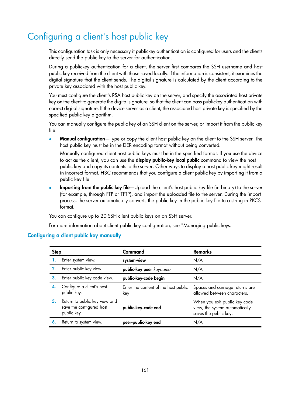 Configuring a client's host public key, Configuring a client public key manually | H3C Technologies H3C SecBlade LB Cards User Manual | Page 172 / 278