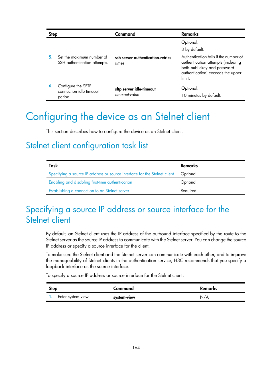 Configuring the device as an stelnet client, Stelnet client configuration task list | H3C Technologies H3C SecBlade LB Cards User Manual | Page 175 / 278