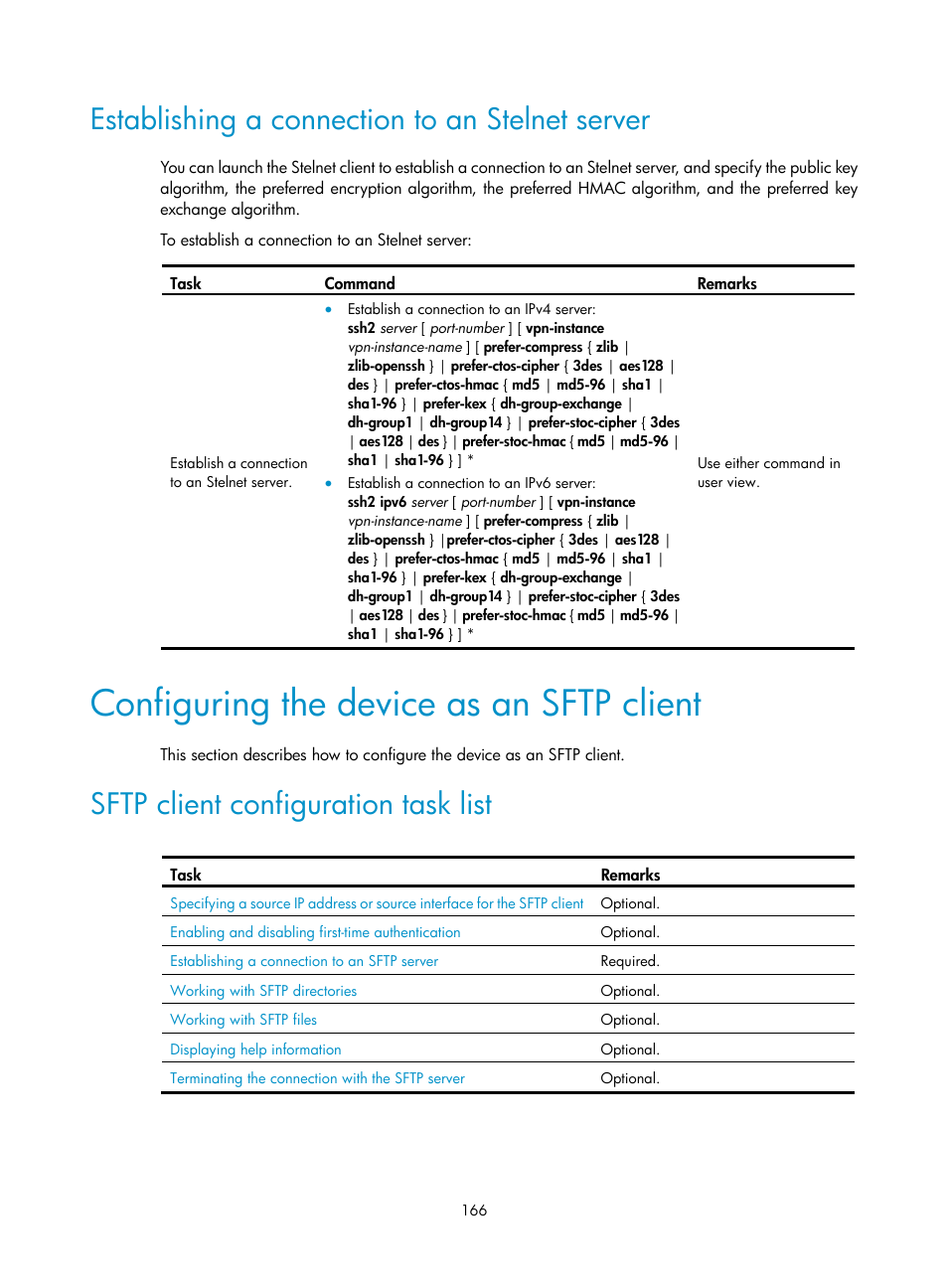 Establishing a connection to an stelnet server, Configuring the device as an sftp client, Sftp client configuration task list | H3C Technologies H3C SecBlade LB Cards User Manual | Page 177 / 278