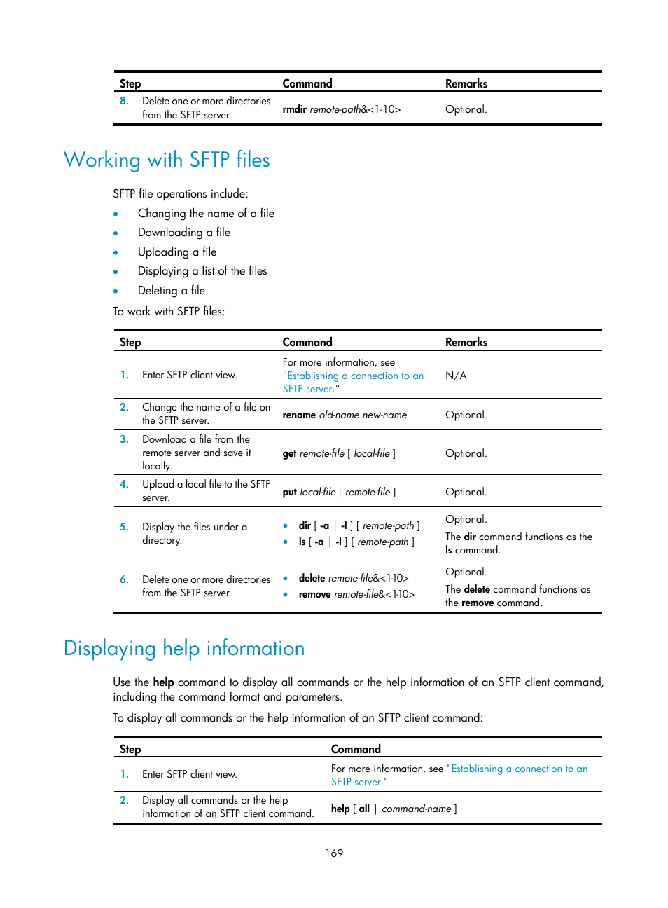 Working with sftp files, Displaying help information | H3C Technologies H3C SecBlade LB Cards User Manual | Page 180 / 278