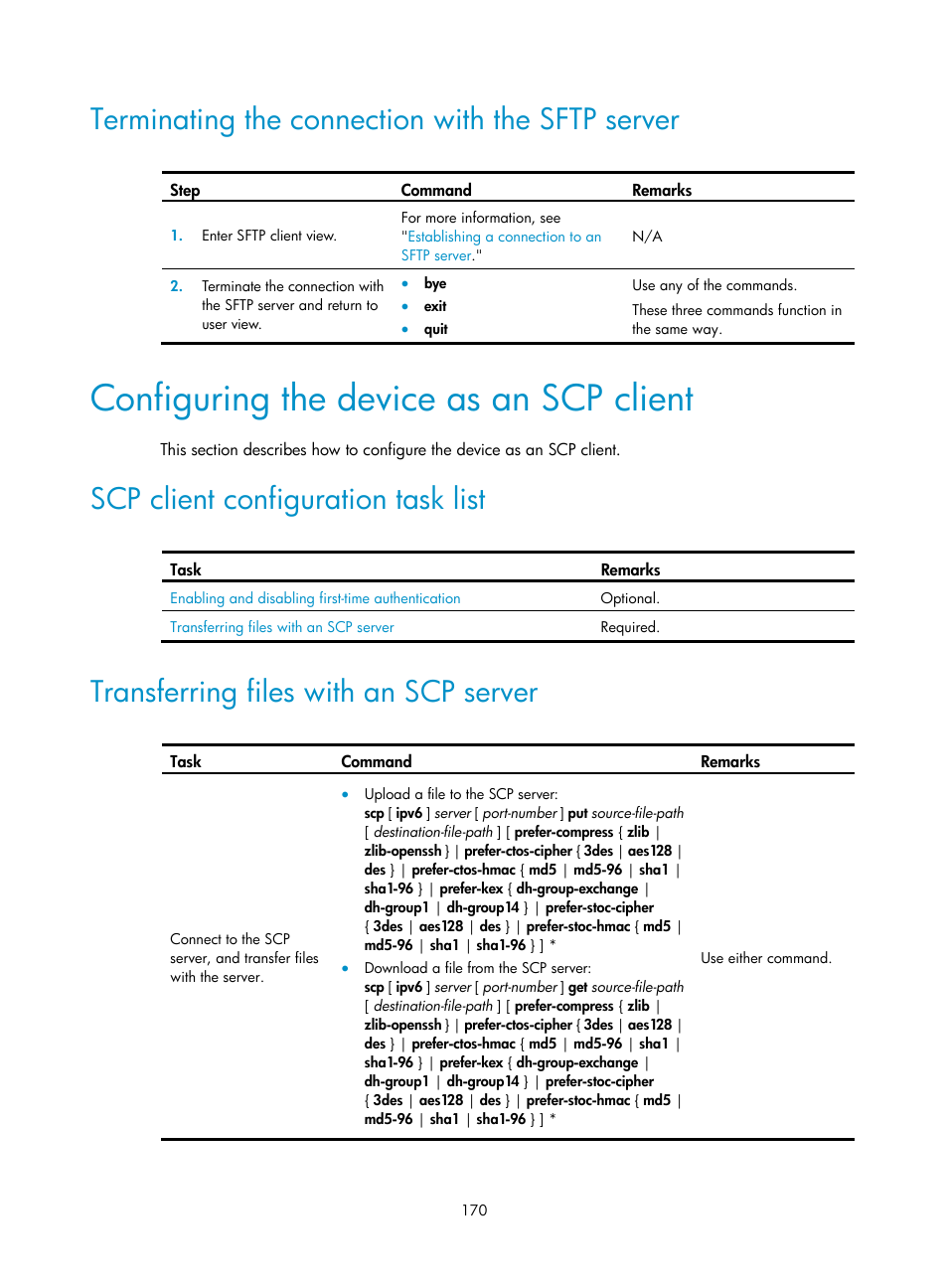 Terminating the connection with the sftp server, Configuring the device as an scp client, Scp client configuration task list | Transferring files with an scp server | H3C Technologies H3C SecBlade LB Cards User Manual | Page 181 / 278