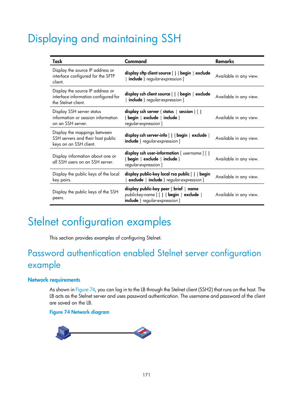 Displaying and maintaining ssh, Stelnet configuration examples, Network requirements | H3C Technologies H3C SecBlade LB Cards User Manual | Page 182 / 278