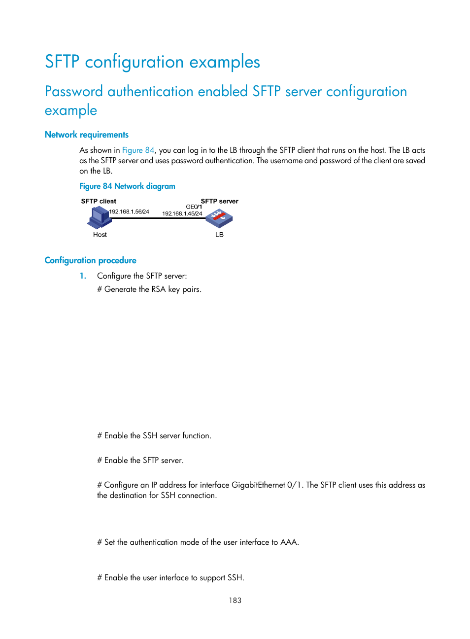 Sftp configuration examples, Network requirements, Configuration procedure | H3C Technologies H3C SecBlade LB Cards User Manual | Page 194 / 278