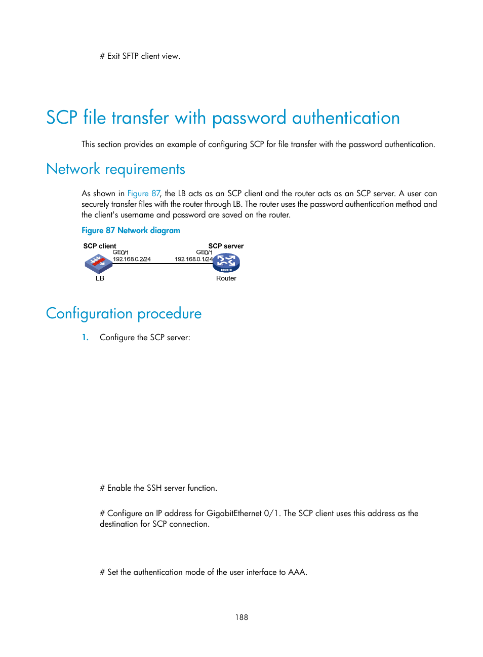 Scp file transfer with password authentication, Network requirements, Configuration procedure | H3C Technologies H3C SecBlade LB Cards User Manual | Page 199 / 278