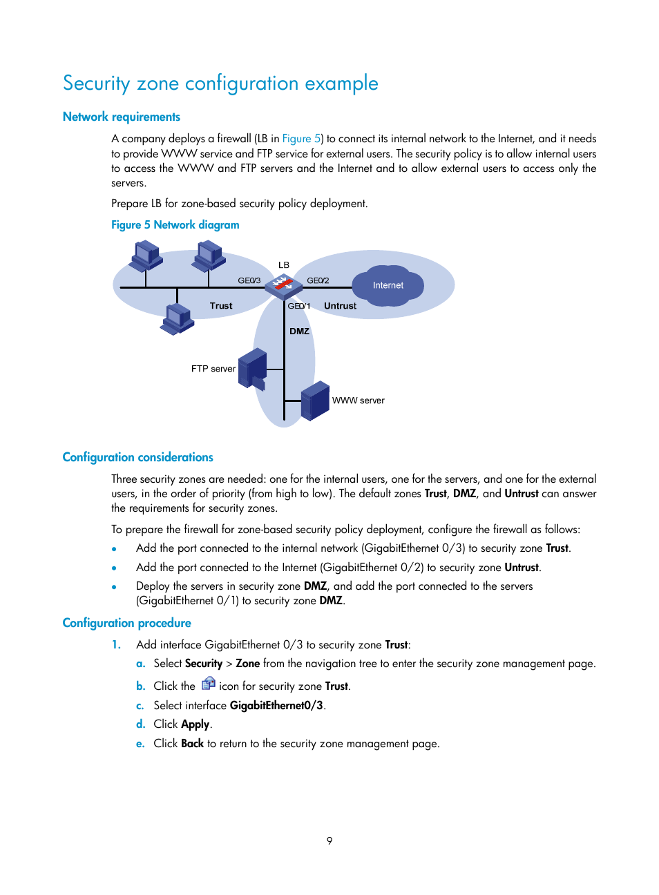 Security zone configuration example, Network requirements, Configuration considerations | Configuration procedure | H3C Technologies H3C SecBlade LB Cards User Manual | Page 20 / 278