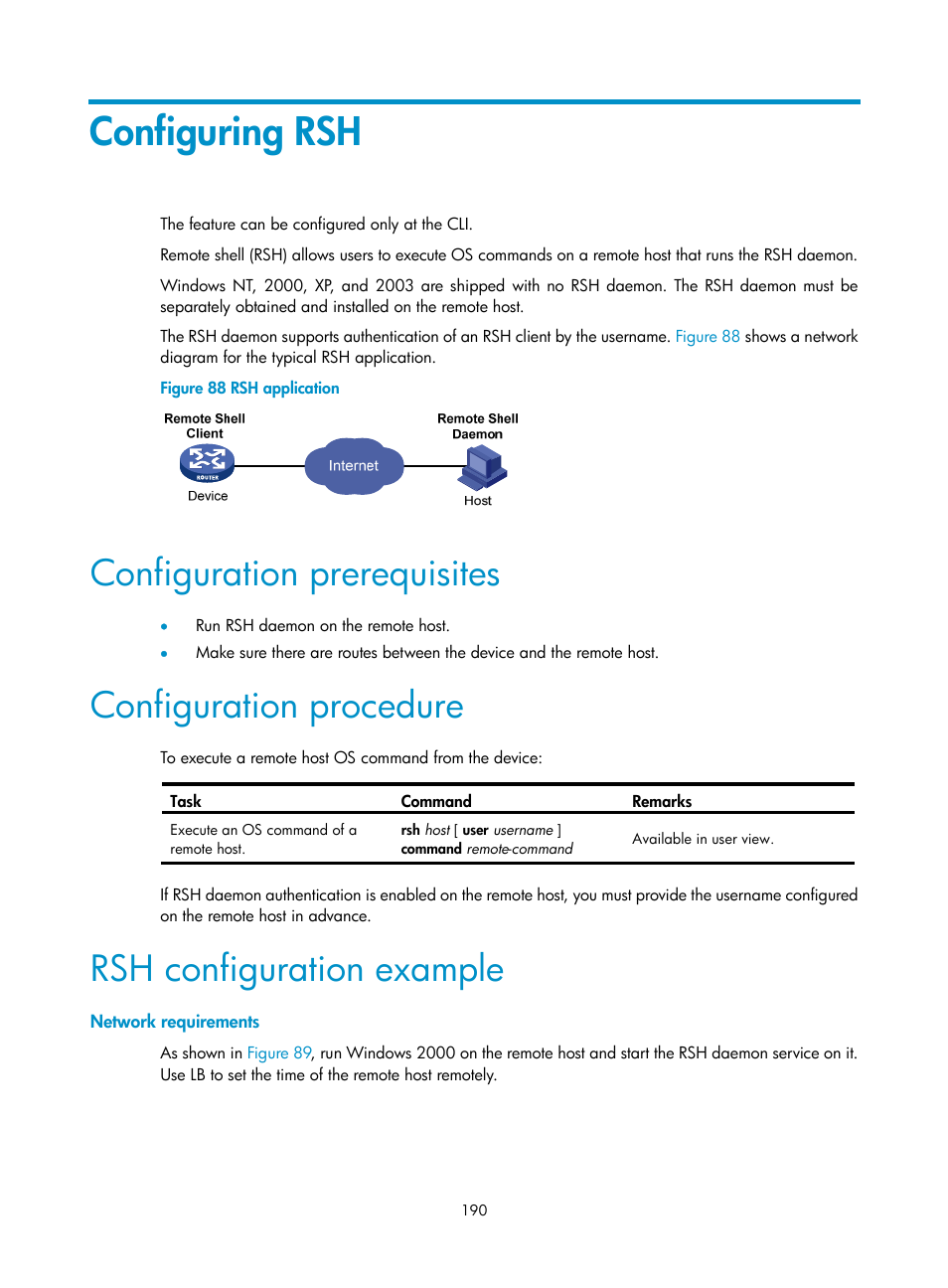 Configuring rsh, Configuration prerequisites, Configuration procedure | Rsh configuration example, Network requirements | H3C Technologies H3C SecBlade LB Cards User Manual | Page 201 / 278