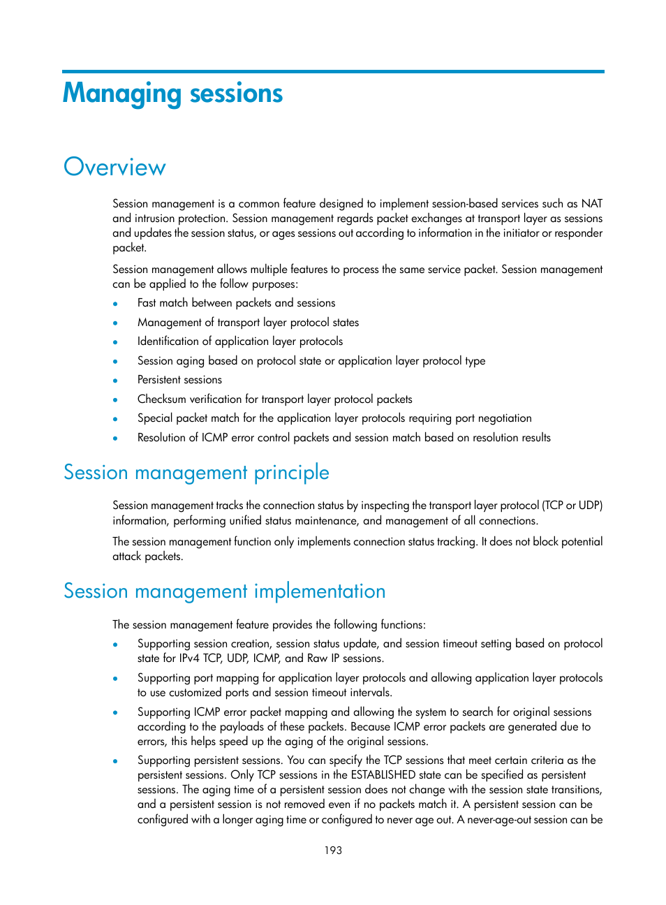Managing sessions, Overview, Session management principle | Session management implementation | H3C Technologies H3C SecBlade LB Cards User Manual | Page 204 / 278