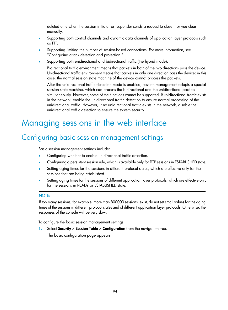 Managing sessions in the web interface, Configuring basic session management settings | H3C Technologies H3C SecBlade LB Cards User Manual | Page 205 / 278