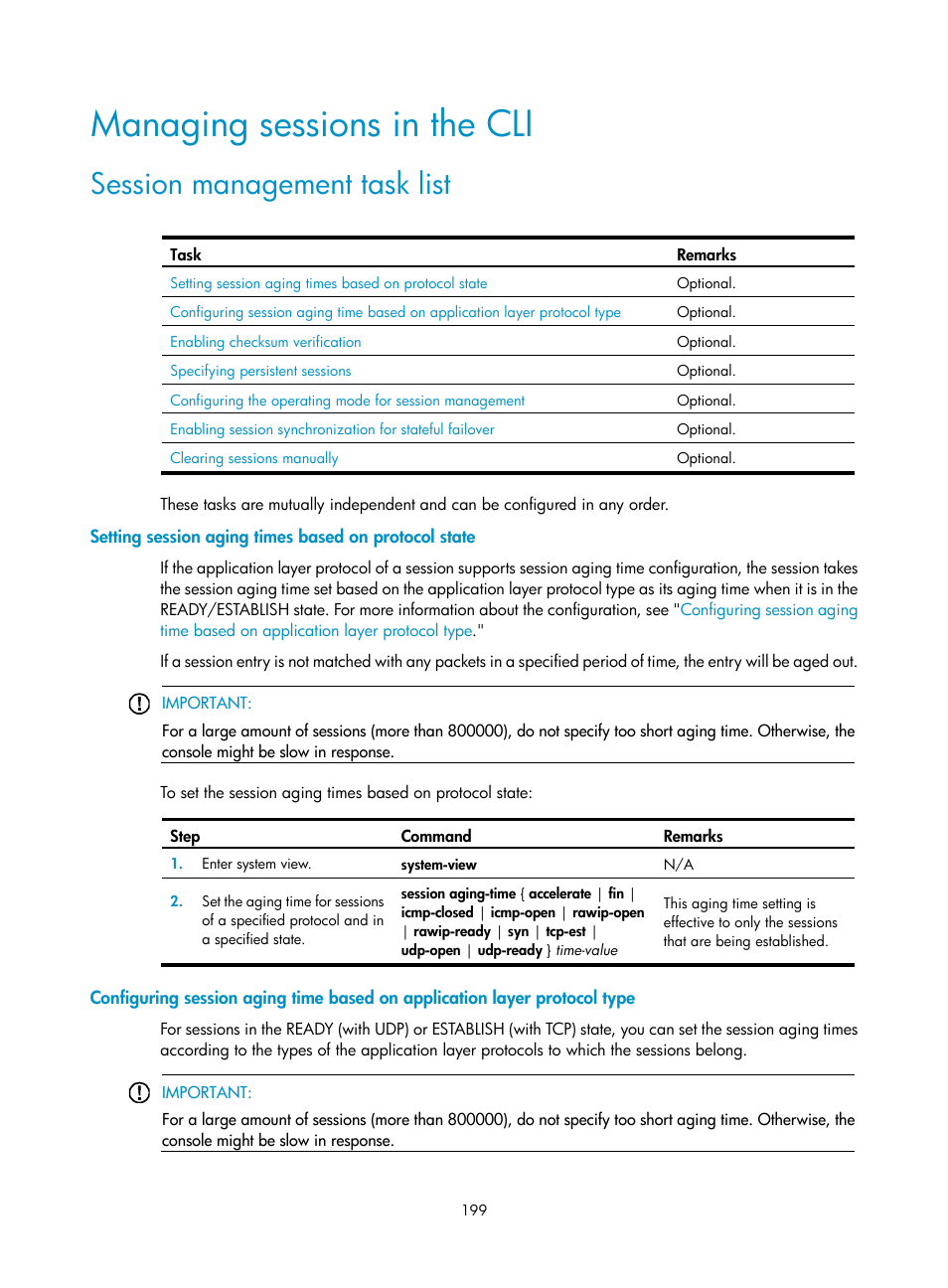 Managing sessions in the cli, Session management task list | H3C Technologies H3C SecBlade LB Cards User Manual | Page 210 / 278