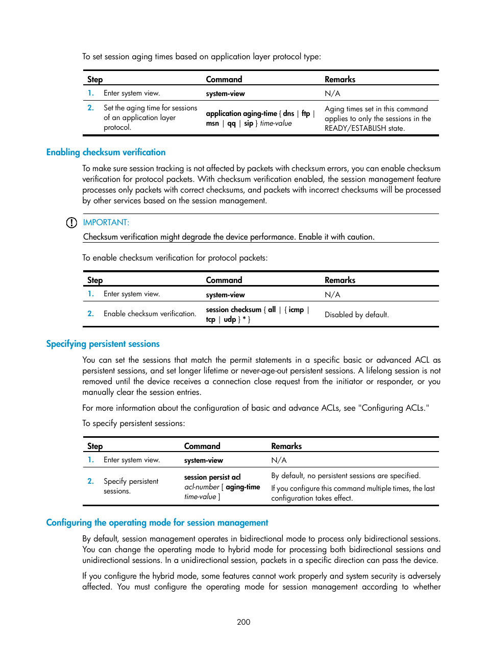 Enabling checksum verification, Specifying persistent sessions | H3C Technologies H3C SecBlade LB Cards User Manual | Page 211 / 278