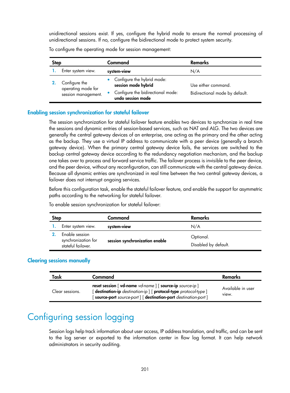 Clearing sessions manually, Configuring session logging | H3C Technologies H3C SecBlade LB Cards User Manual | Page 212 / 278