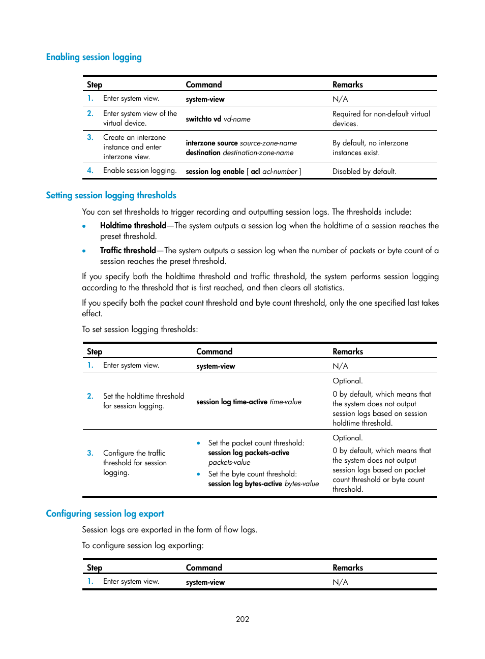 Enabling session logging, Setting session logging thresholds, Configuring session log export | H3C Technologies H3C SecBlade LB Cards User Manual | Page 213 / 278