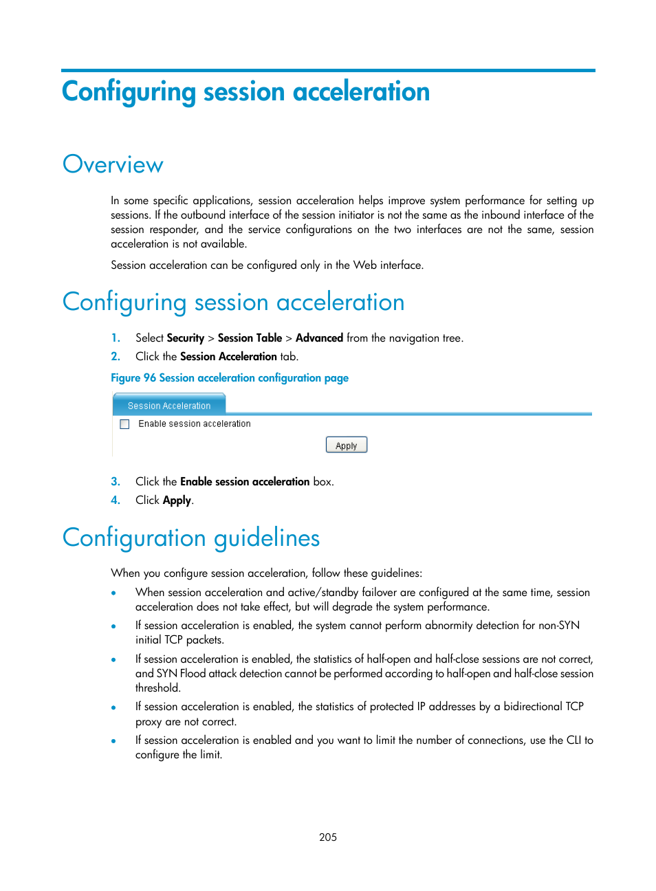 Configuring session acceleration, Overview, Configuration guidelines | H3C Technologies H3C SecBlade LB Cards User Manual | Page 216 / 278