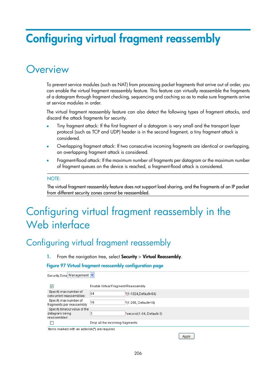 Configuring virtual fragment reassembly, Overview | H3C Technologies H3C SecBlade LB Cards User Manual | Page 217 / 278