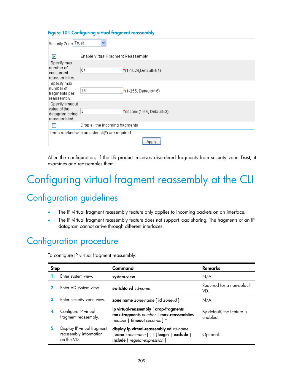 Configuring virtual fragment reassembly at the cli, Configuration guidelines, Configuration procedure | H3C Technologies H3C SecBlade LB Cards User Manual | Page 220 / 278