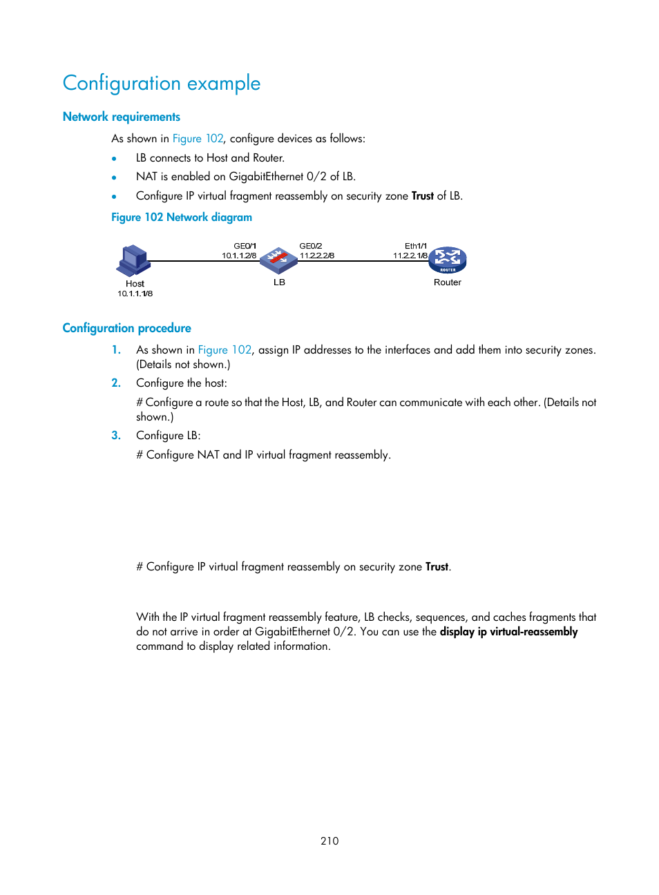 Configuration example, Network requirements, Configuration procedure | H3C Technologies H3C SecBlade LB Cards User Manual | Page 221 / 278