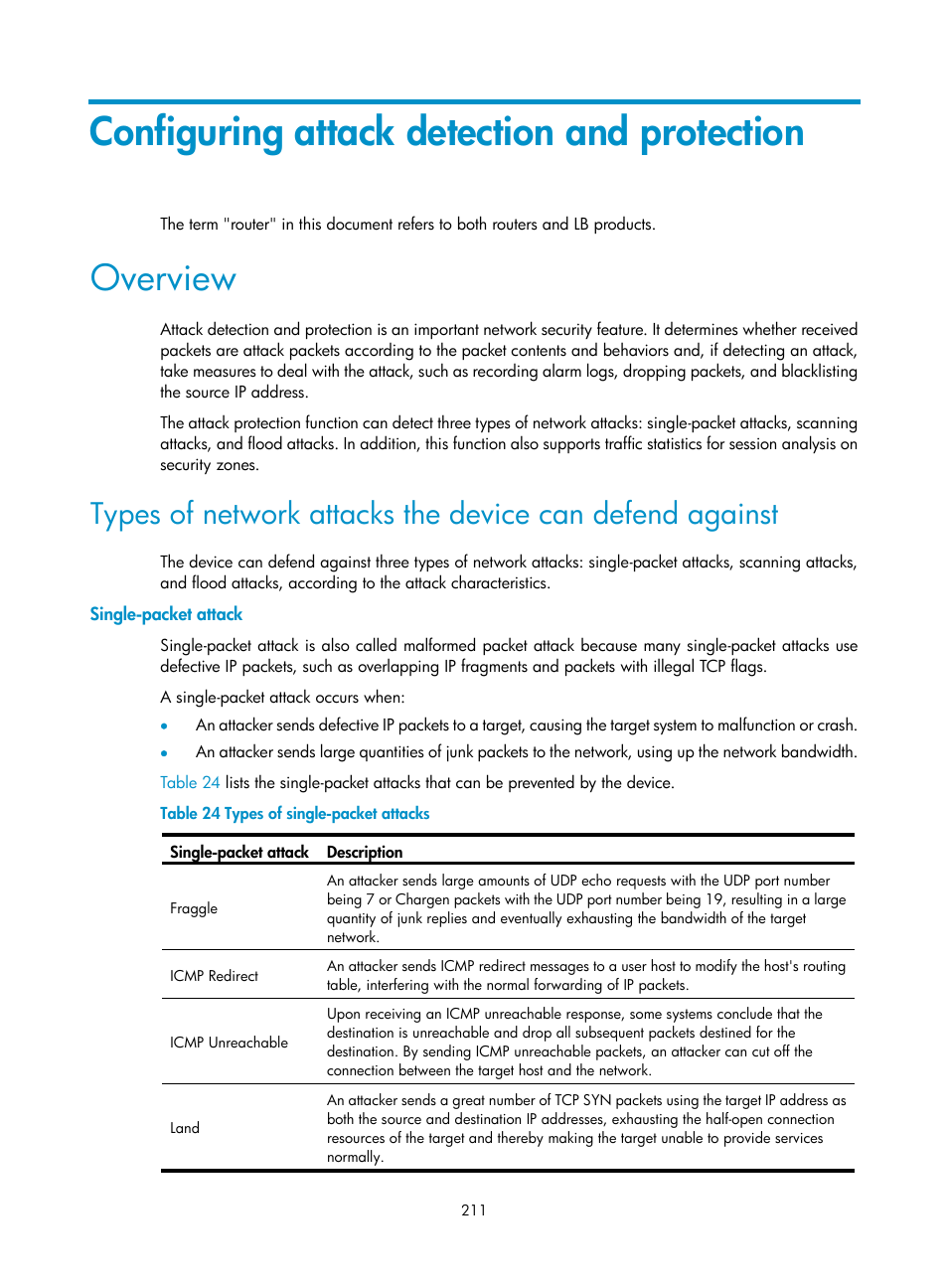 Configuring attack detection and protection, Overview, Single-packet attack | H3C Technologies H3C SecBlade LB Cards User Manual | Page 222 / 278