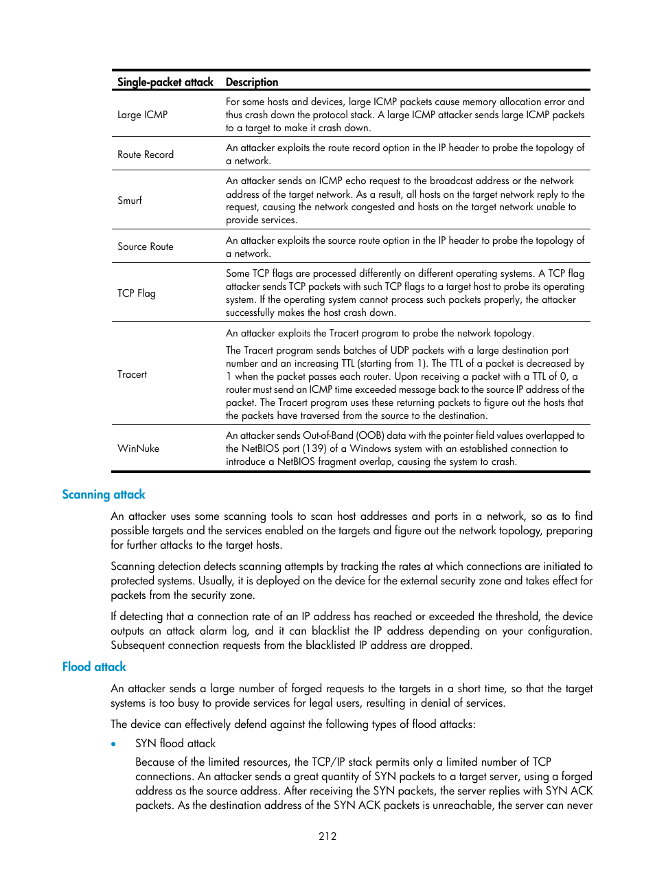 Scanning attack, Flood attack | H3C Technologies H3C SecBlade LB Cards User Manual | Page 223 / 278