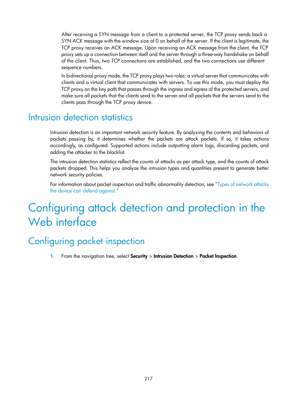 Intrusion detection statistics, Configuring packet inspection | H3C Technologies H3C SecBlade LB Cards User Manual | Page 228 / 278