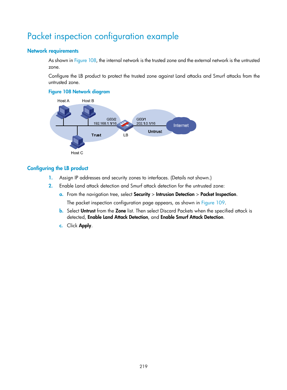 Packet inspection configuration example, Network requirements, Configuring the lb product | H3C Technologies H3C SecBlade LB Cards User Manual | Page 230 / 278