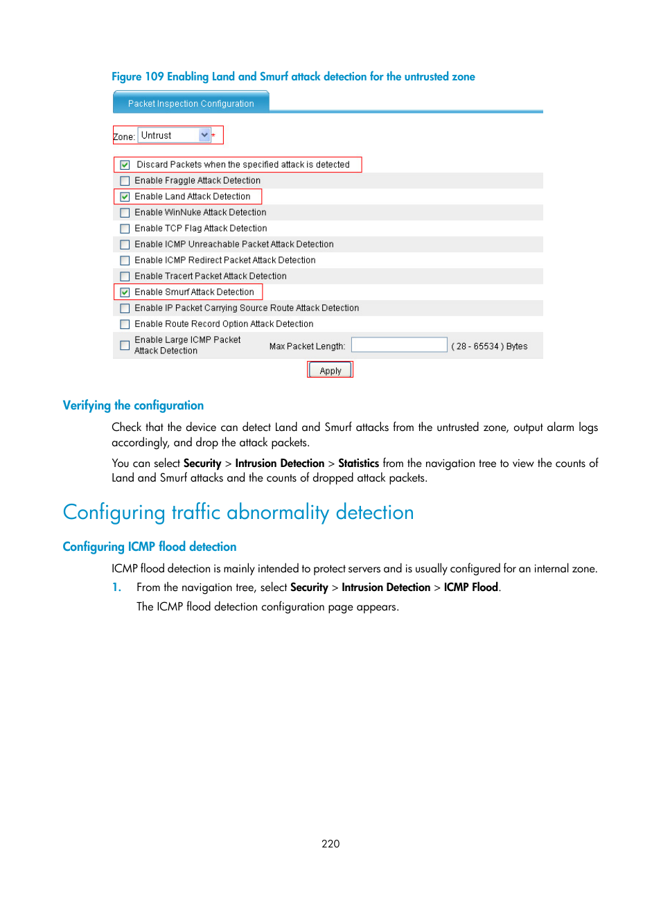 Verifying the configuration, Configuring traffic abnormality detection, Configuring icmp flood detection | H3C Technologies H3C SecBlade LB Cards User Manual | Page 231 / 278