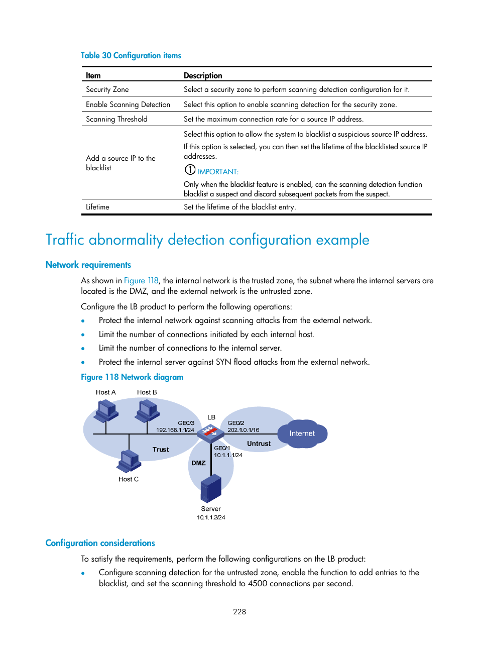 Network requirements, Configuration considerations, Ribed in | Table 30 | H3C Technologies H3C SecBlade LB Cards User Manual | Page 239 / 278