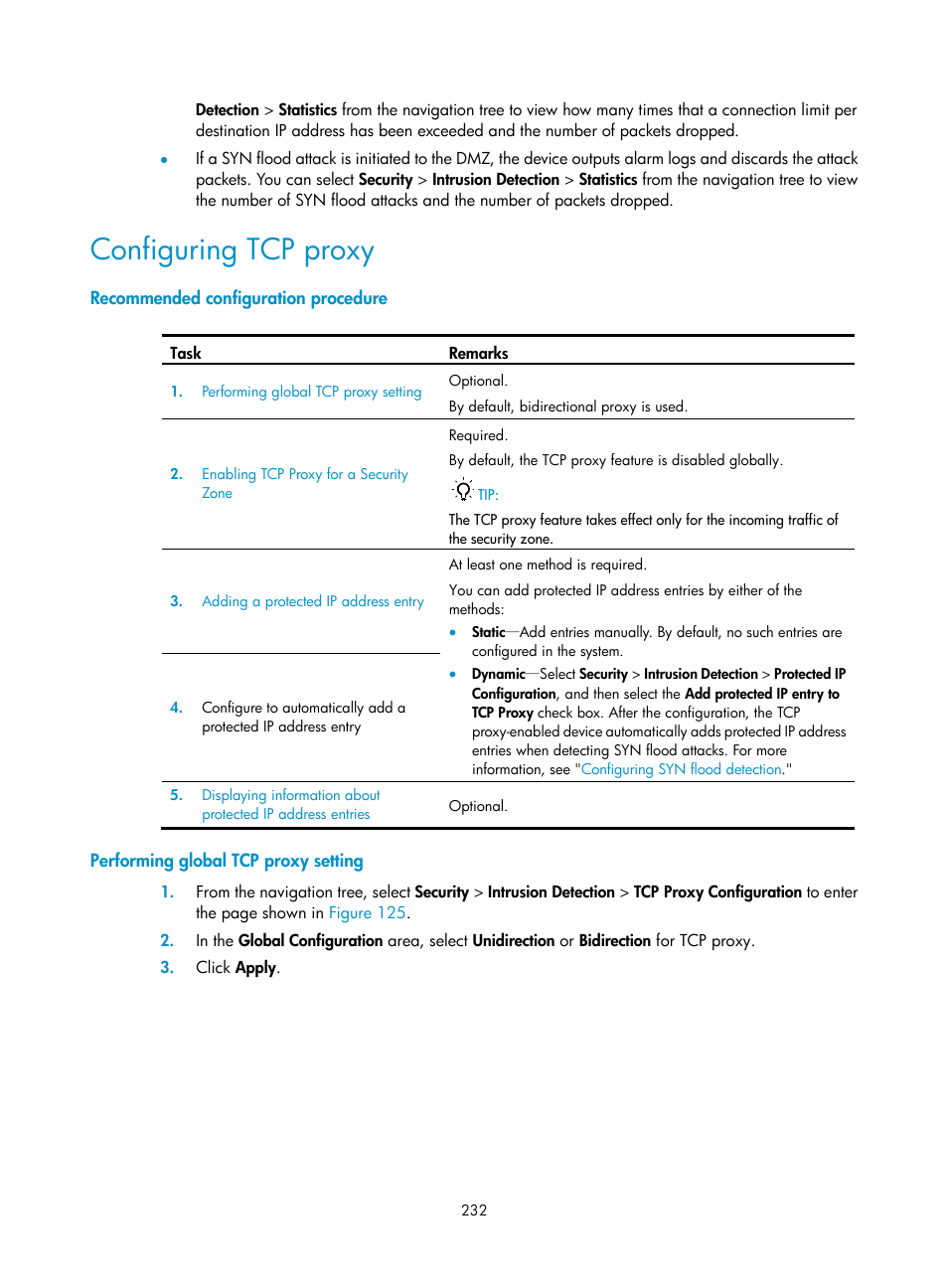 Configuring tcp proxy, Recommended configuration procedure, Performing global tcp proxy setting | H3C Technologies H3C SecBlade LB Cards User Manual | Page 243 / 278