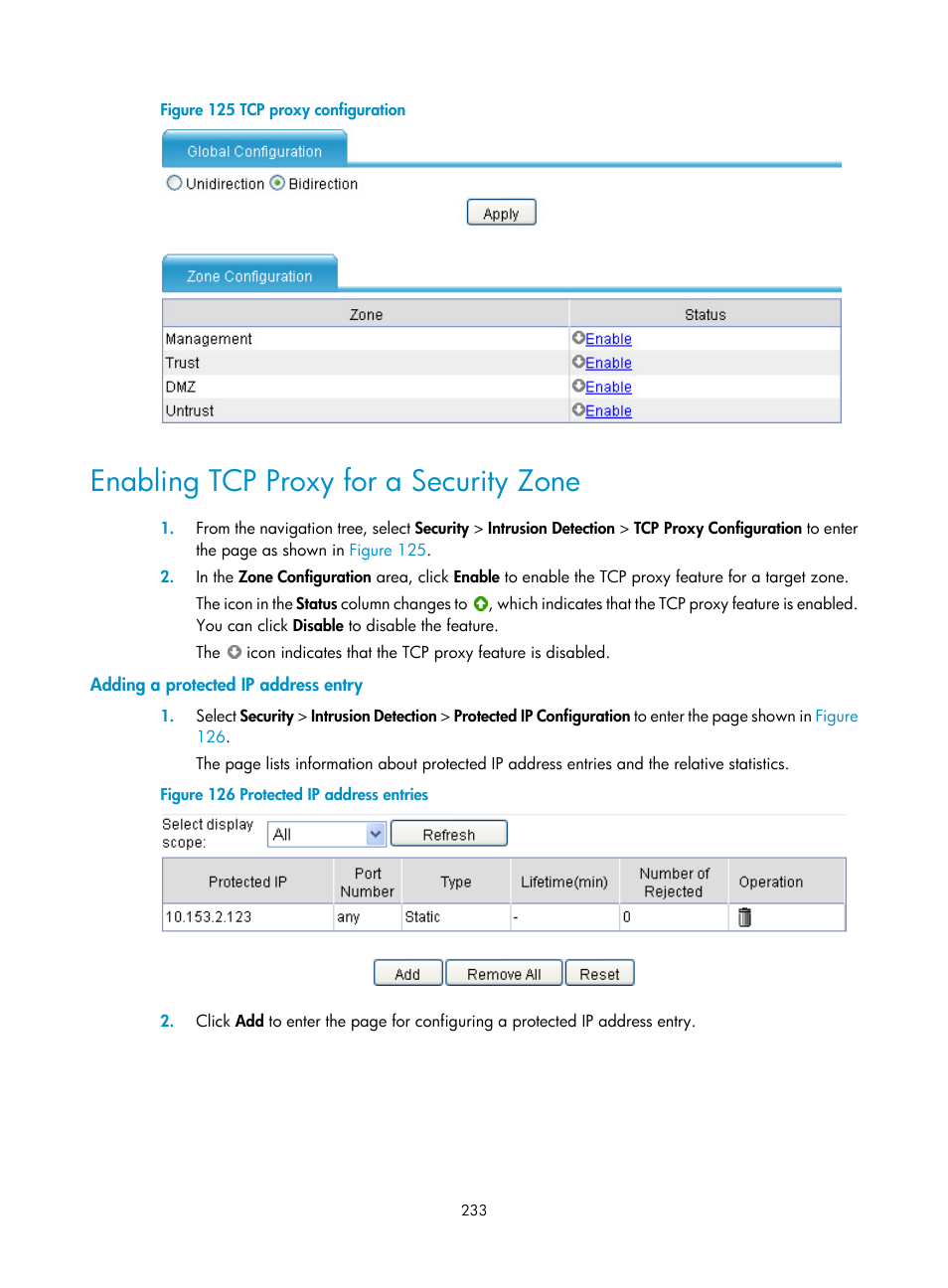 Enabling tcp proxy for a security zone, Adding a protected ip address entry, Enabling tcp proxy for a security | Zone, N in, Figure 125 | H3C Technologies H3C SecBlade LB Cards User Manual | Page 244 / 278