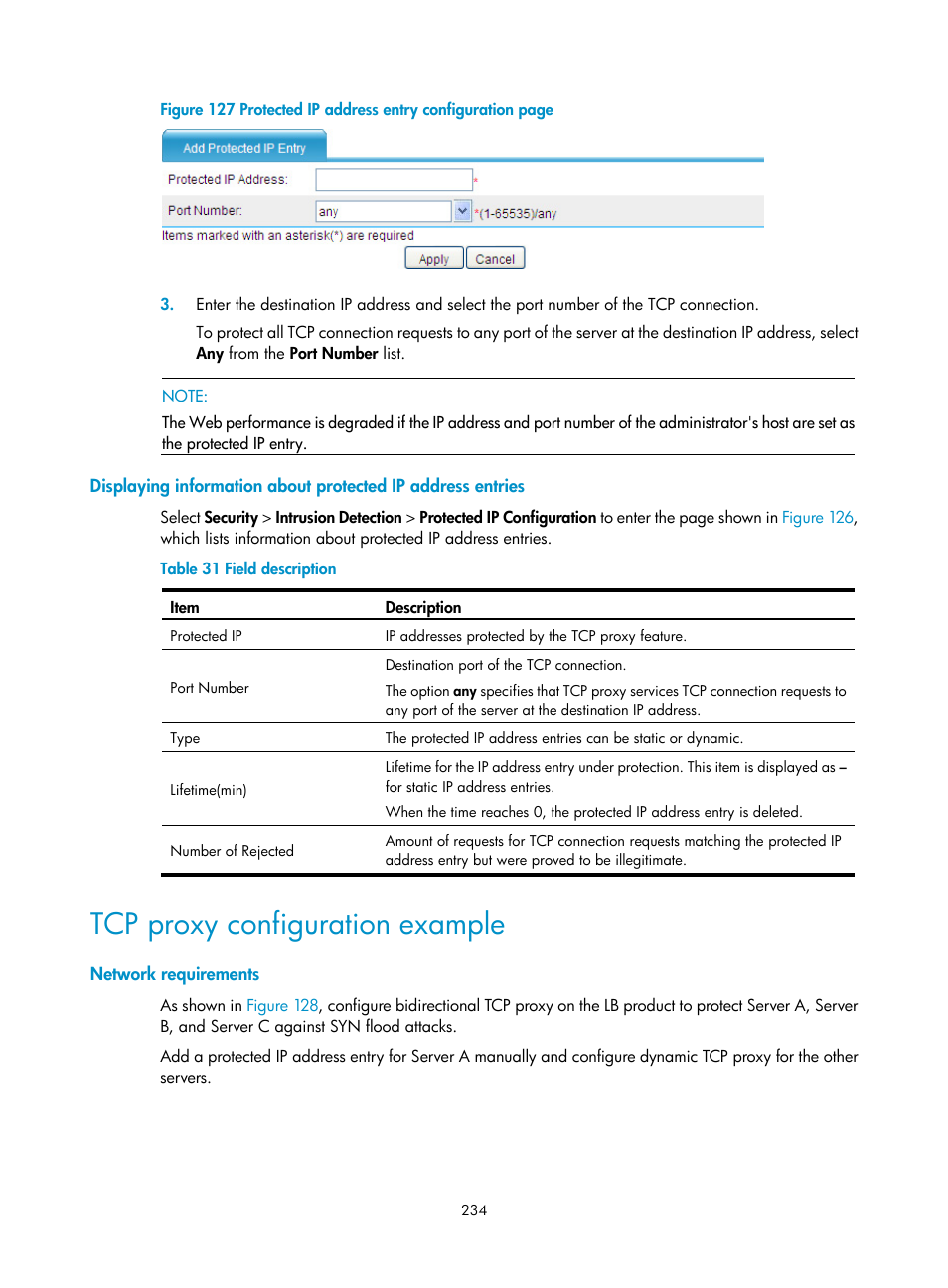 Tcp proxy configuration example, Network requirements, Displaying information about | Protected ip address entries | H3C Technologies H3C SecBlade LB Cards User Manual | Page 245 / 278