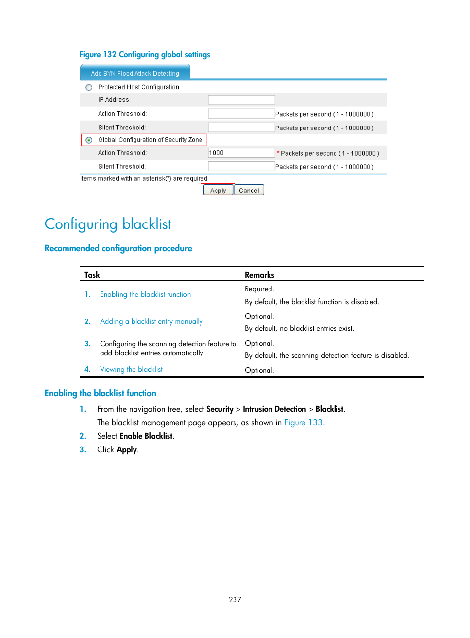 Configuring blacklist, Recommended configuration procedure, Enabling the blacklist function | H3C Technologies H3C SecBlade LB Cards User Manual | Page 248 / 278