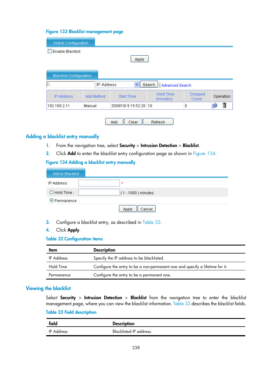 Adding a blacklist entry manually, Viewing the blacklist, Figure 133 | H3C Technologies H3C SecBlade LB Cards User Manual | Page 249 / 278