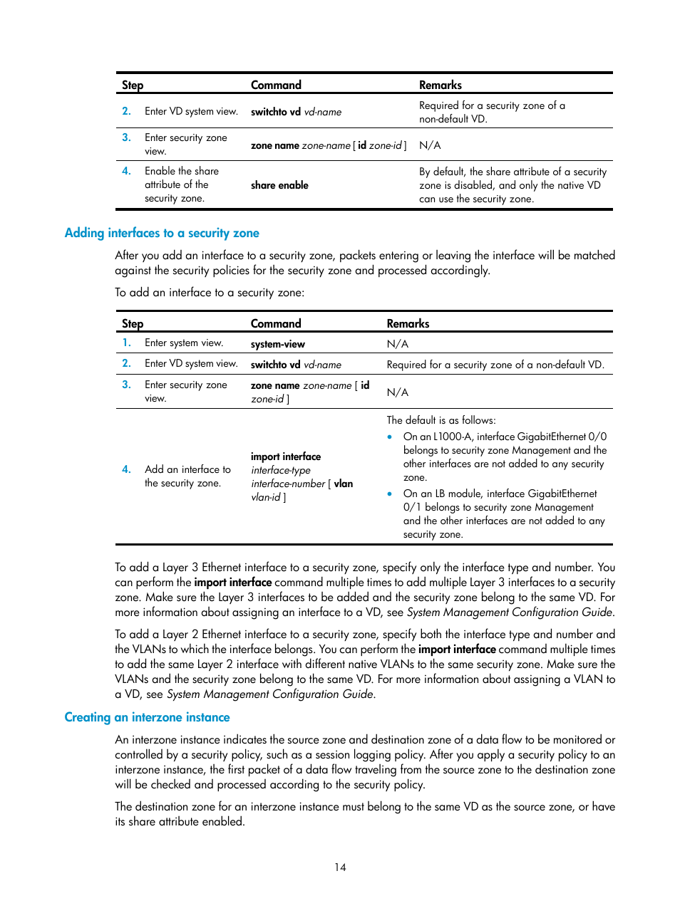 Adding interfaces to a security zone, Creating an interzone instance | H3C Technologies H3C SecBlade LB Cards User Manual | Page 25 / 278