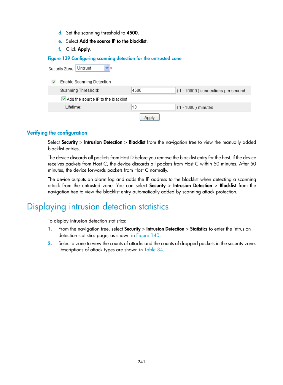 Verifying the configuration, Displaying intrusion detection statistics, Figure 139 | H3C Technologies H3C SecBlade LB Cards User Manual | Page 252 / 278