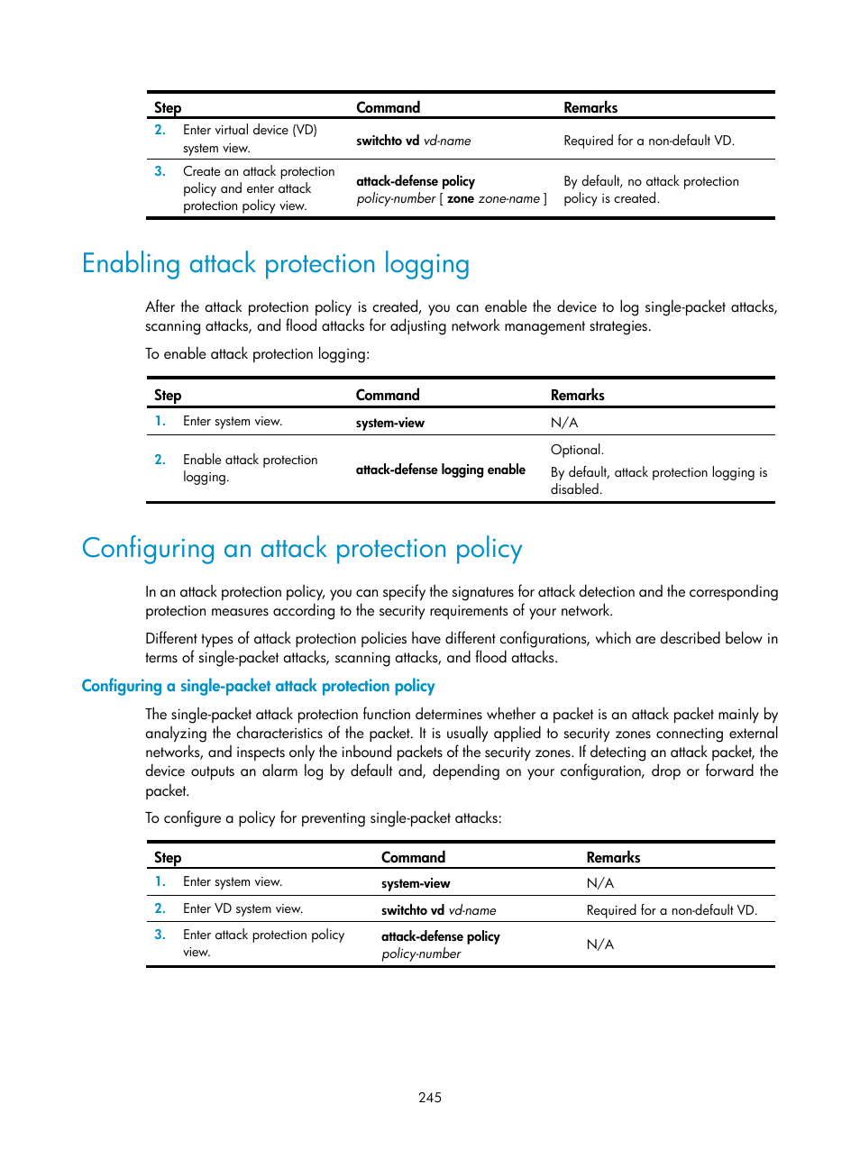 Enabling attack protection logging, Configuring an attack protection policy | H3C Technologies H3C SecBlade LB Cards User Manual | Page 256 / 278