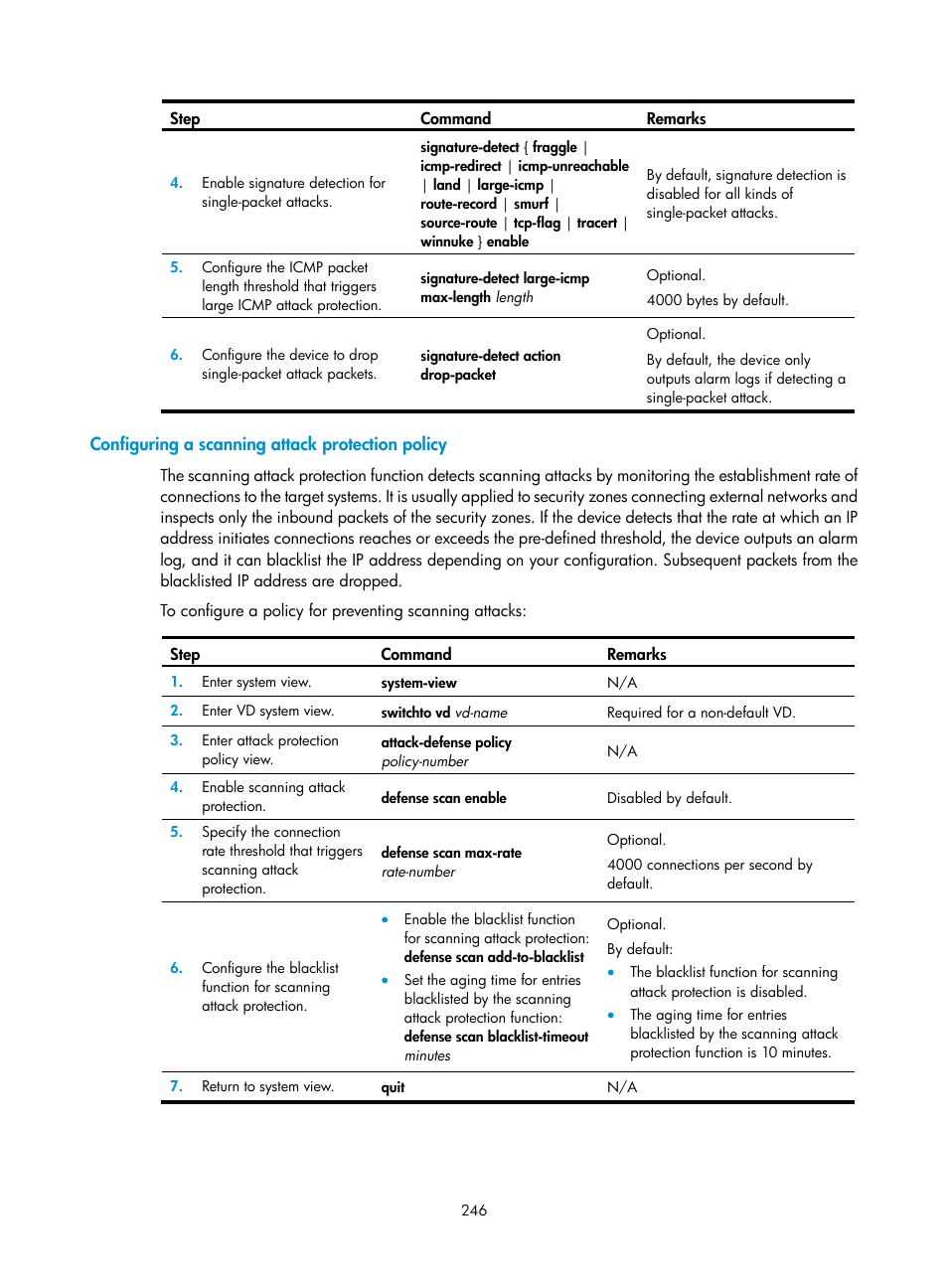 Configuring a scanning attack protection policy | H3C Technologies H3C SecBlade LB Cards User Manual | Page 257 / 278