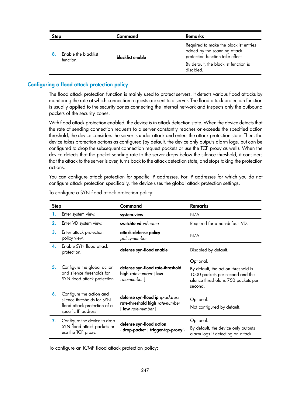 Configuring a flood attack protection policy | H3C Technologies H3C SecBlade LB Cards User Manual | Page 258 / 278