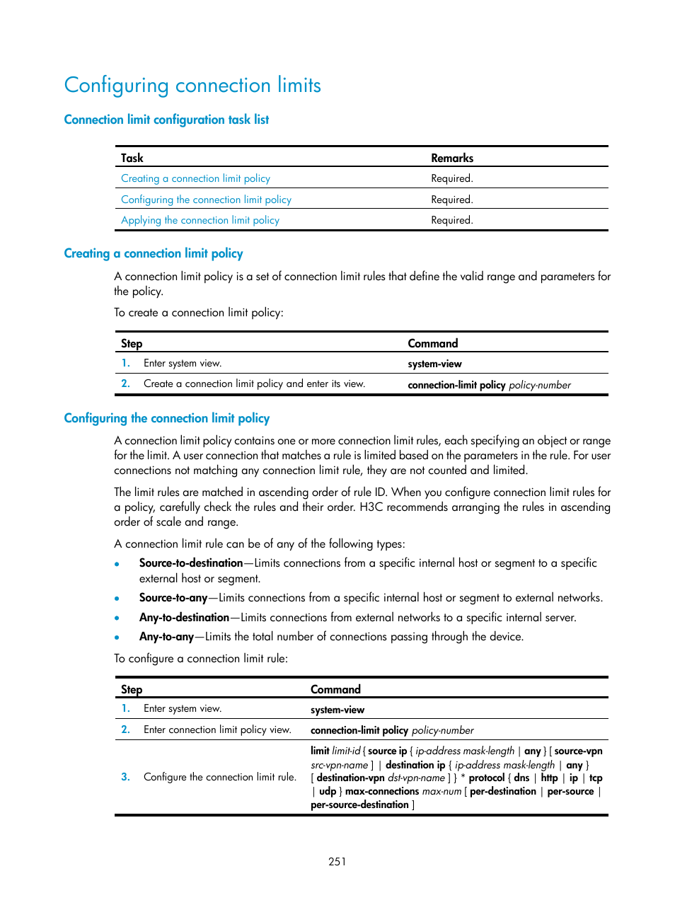 Configuring connection limits, Connection limit configuration task list, Creating a connection limit policy | Configuring the connection limit policy | H3C Technologies H3C SecBlade LB Cards User Manual | Page 262 / 278