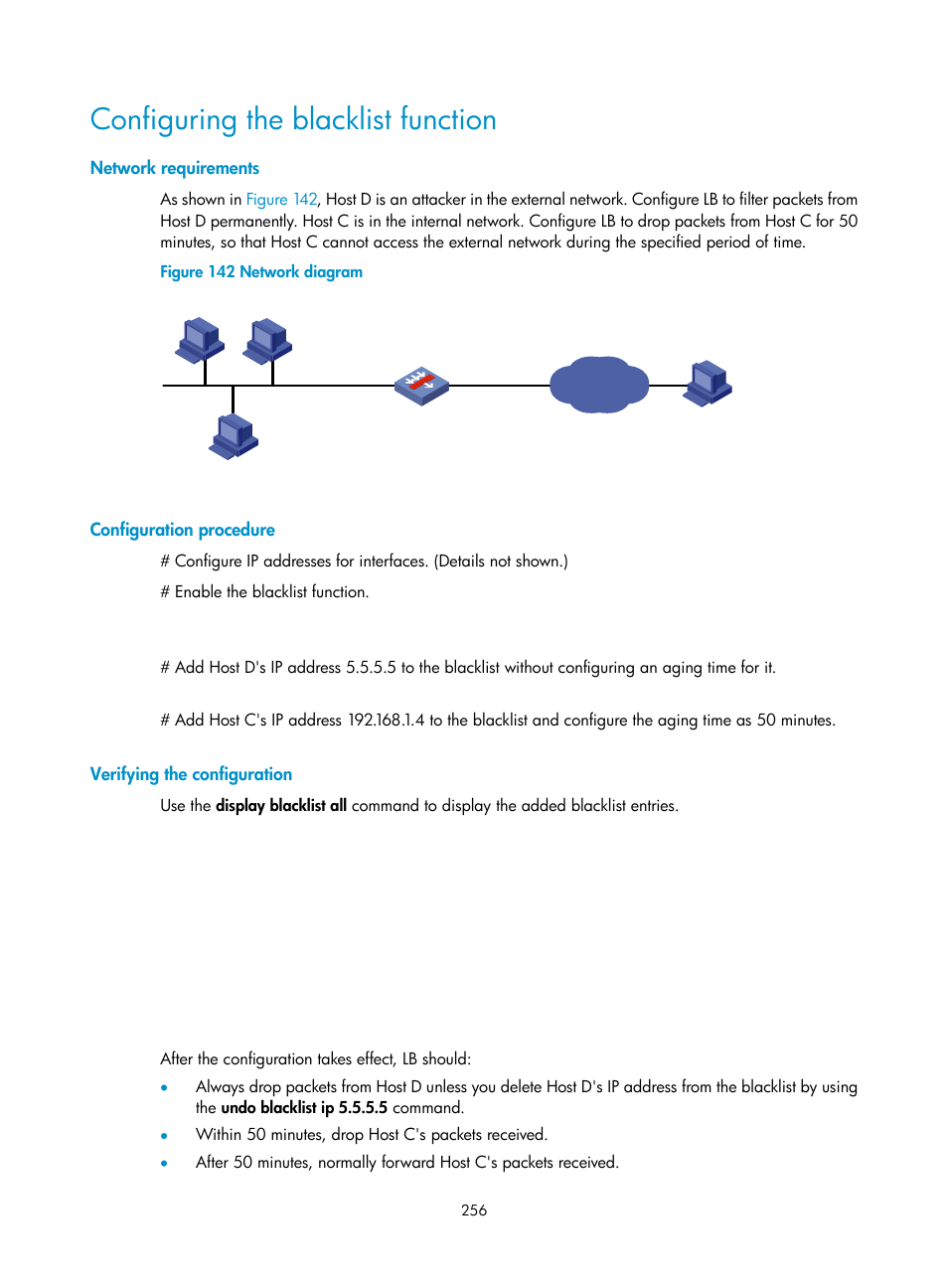 Configuring the blacklist function, Network requirements, Configuration procedure | Verifying the configuration | H3C Technologies H3C SecBlade LB Cards User Manual | Page 267 / 278