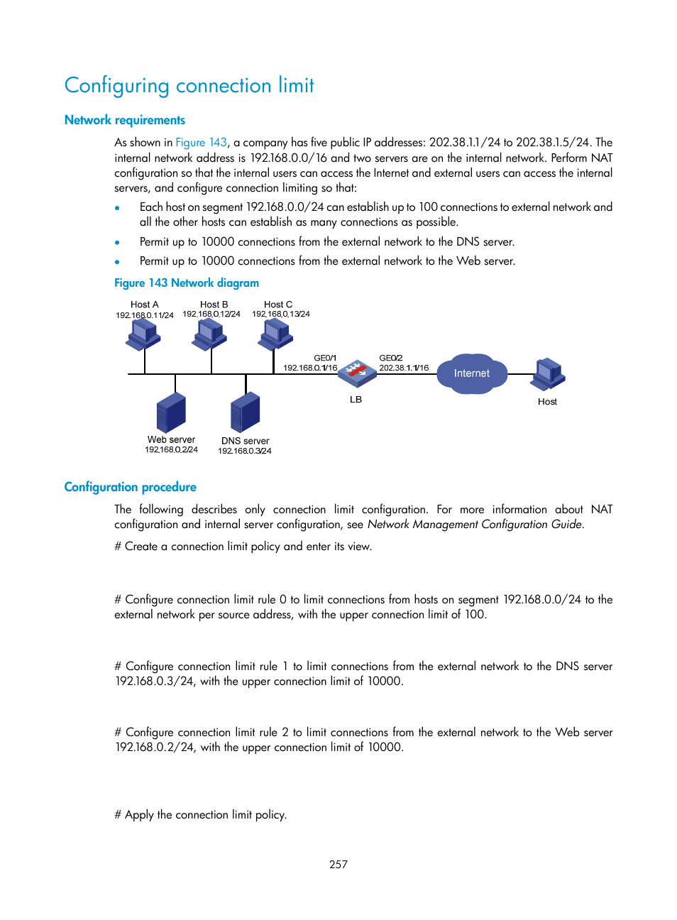 Configuring connection limit, Network requirements, Configuration procedure | H3C Technologies H3C SecBlade LB Cards User Manual | Page 268 / 278