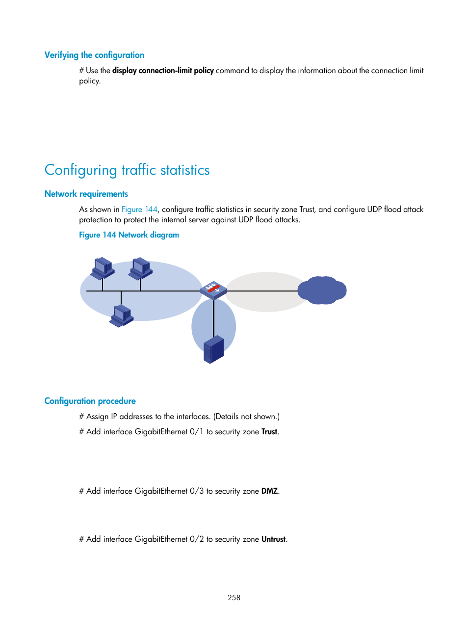 Verifying the configuration, Configuring traffic statistics, Network requirements | Configuration procedure | H3C Technologies H3C SecBlade LB Cards User Manual | Page 269 / 278
